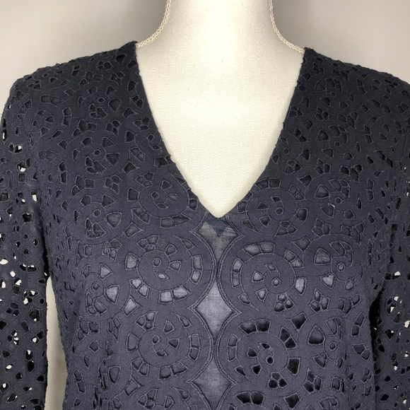 Tory Burch Broderie Detail 3/4 Sleeve Top in Navy Blue - Picture 4 of 10